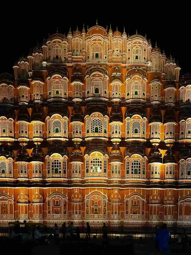 Jaipur - Iconic Hawa Mahal Illuminated at Night, Ideal for College Tours in India.